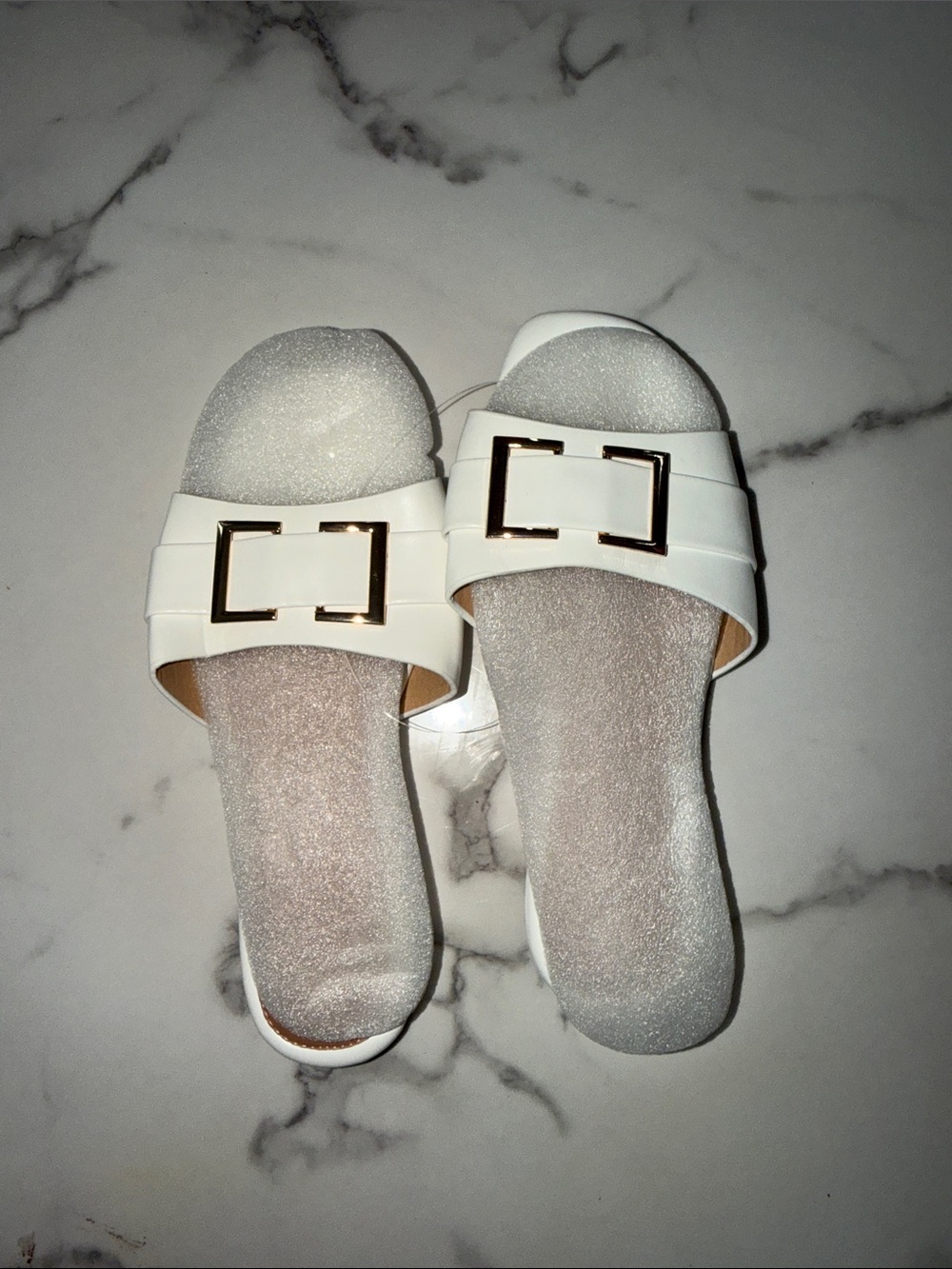 Women's White Slide Mules with Gold Buckle